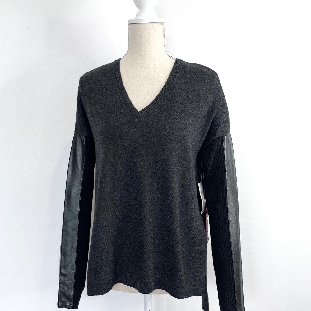 Dex Black Wool V-Neck Sweater with Leather Sleeves